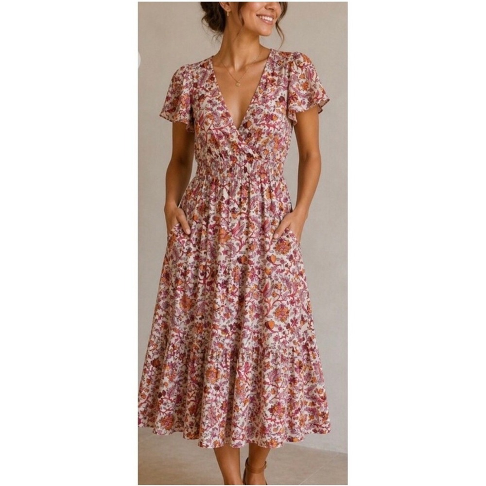 Knox Rose Smocked Waist Tiered Maxi Dress XXL Pink Floral V-Neck Side Pockets